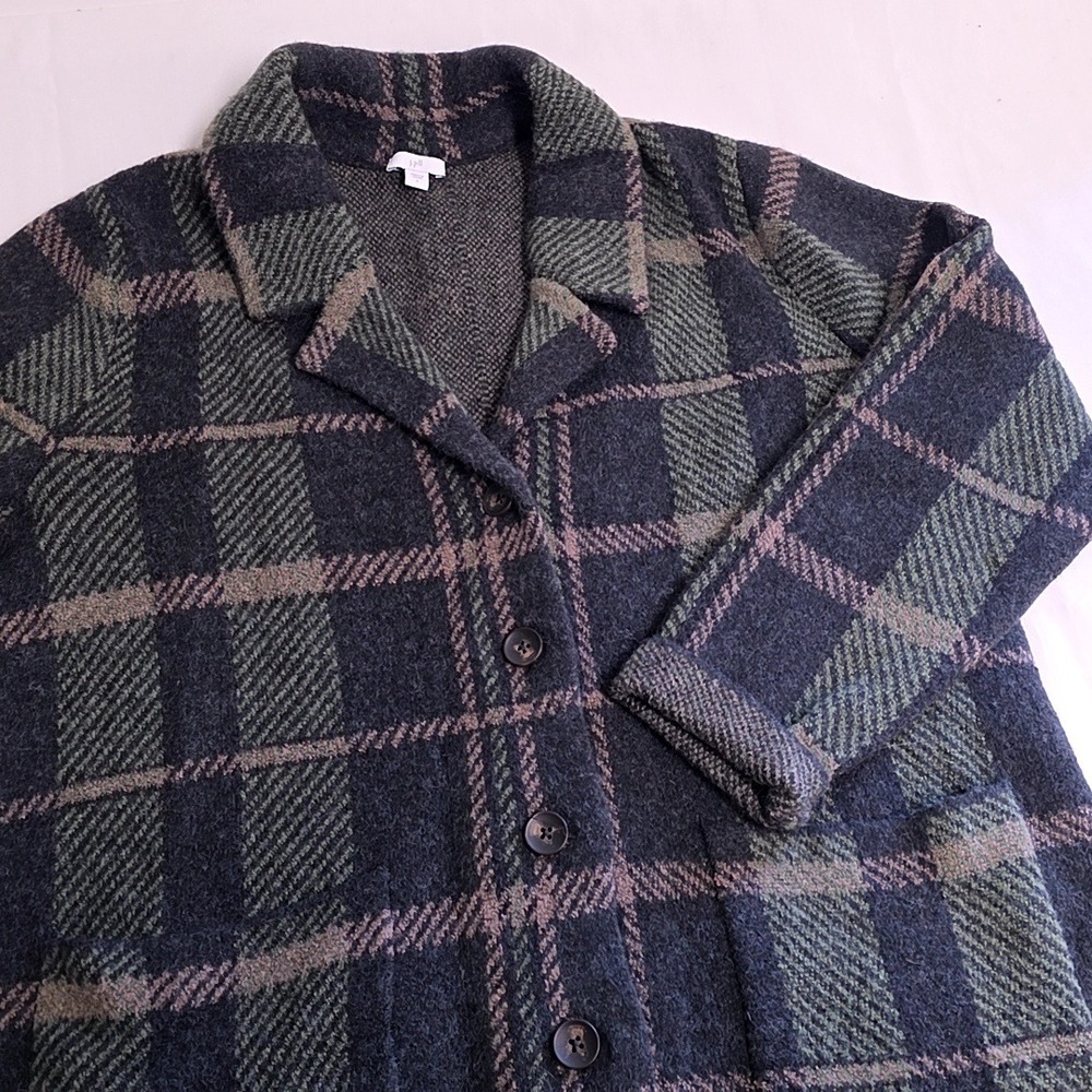 J. Jill Cardigan Coat Womens L Charcoal Green Plaid Wool Blend Longline Button